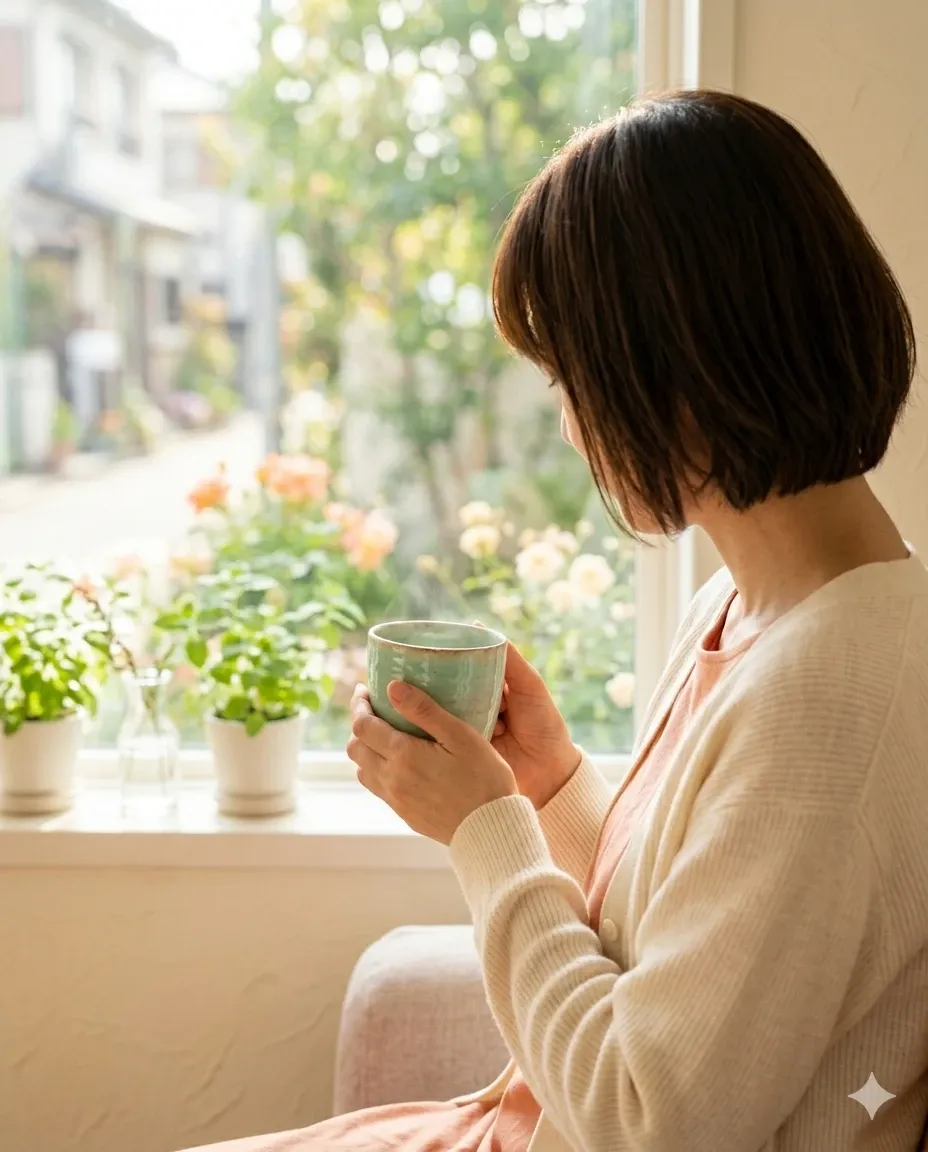 朝、窓辺で温かいお茶を飲みながら庭を眺める女性