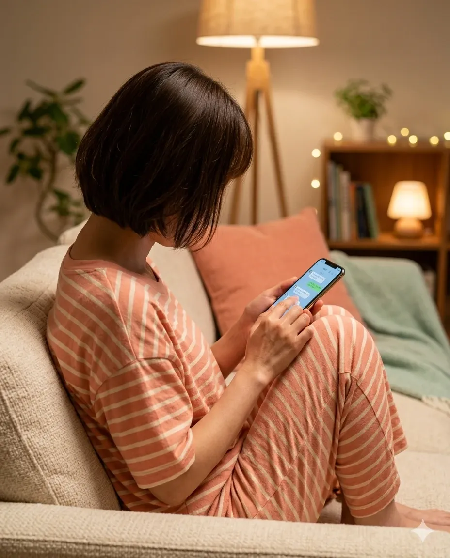 夜、ソファでくつろぎながらスマートフォンを見る女性